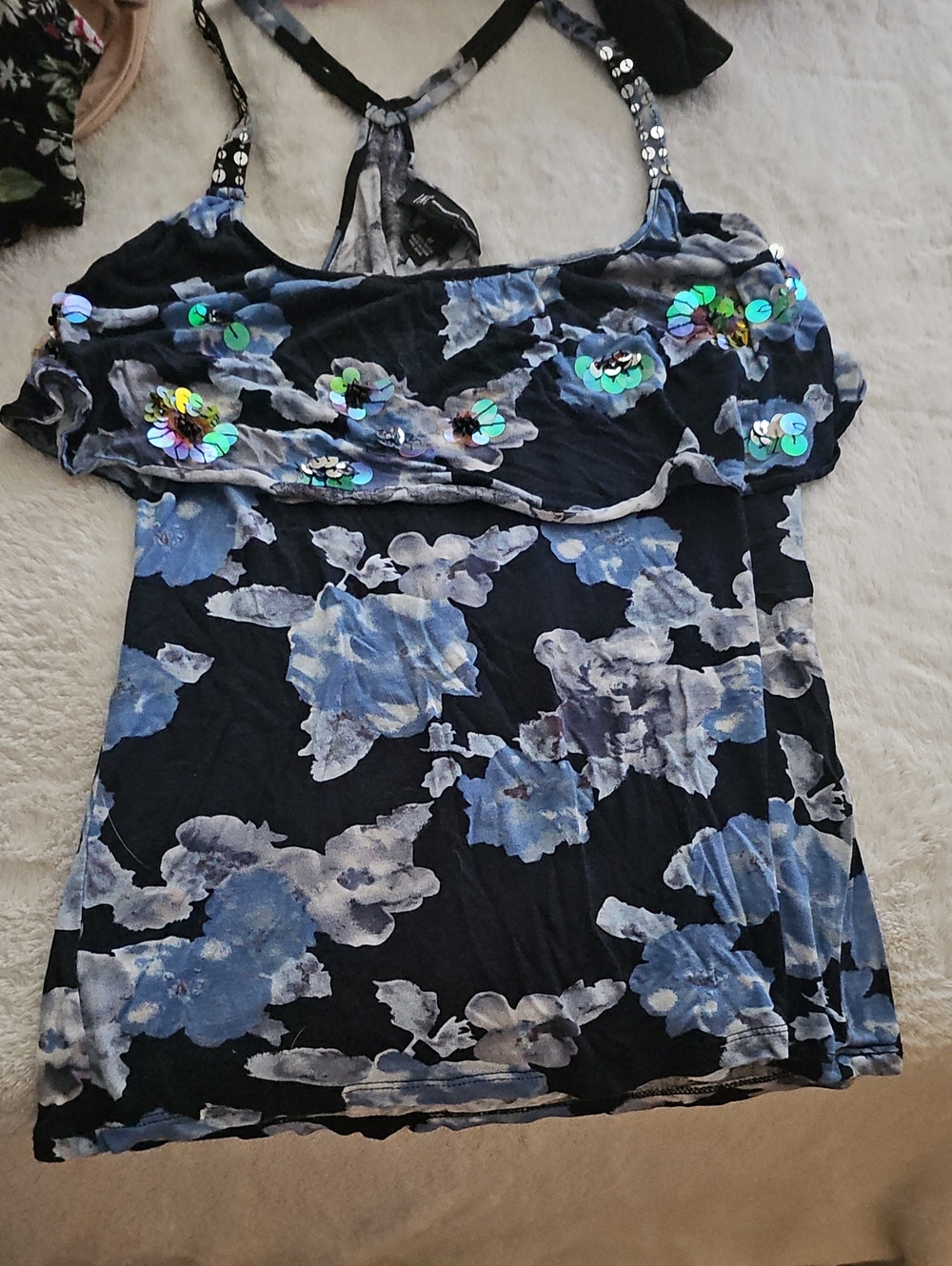 INC International Concepts Black Floral Camisole with Blue Flower Accents